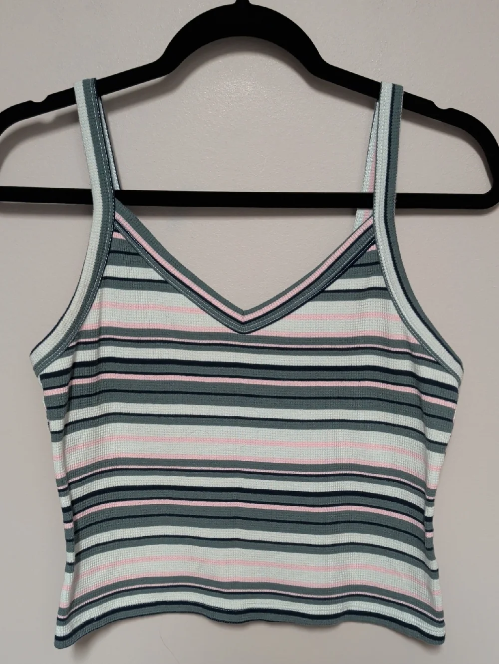 SO Striped V-Neck Cropped Tank Top - Mint, Pink & Navy